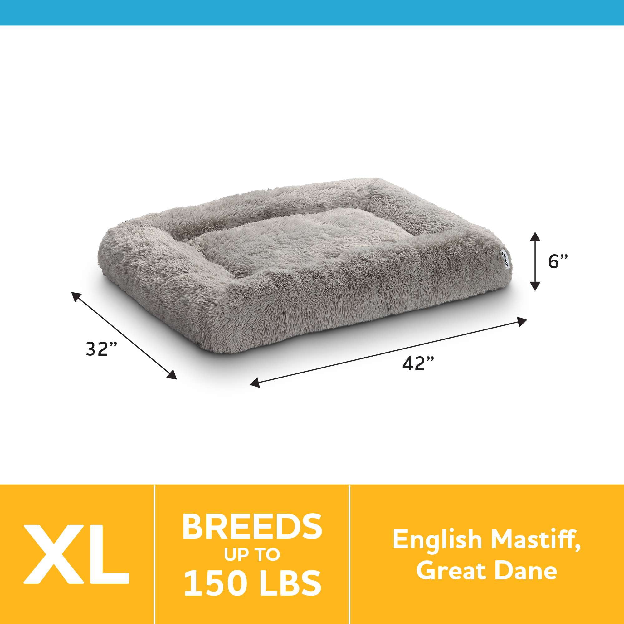 Vibrant Life Furry Cozy Bolster Pillow Dog Bed, Large Breeds, Extra Large, Quiet Grey 42" x 32"