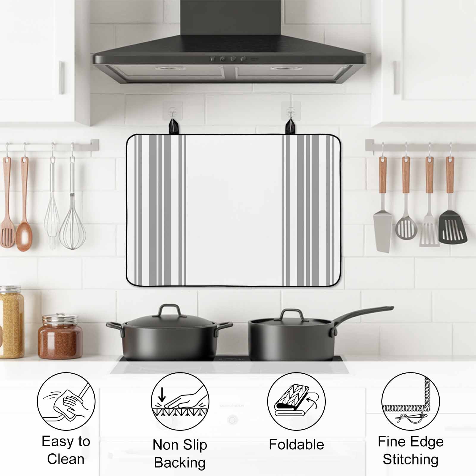 Grey Striped Stove Top Cover for Electric Stove, Heat-proof & Non Slip Glass Top Stove Cover Protector, Modern White Striped Abstract Art Aesthetics Kitchen Flat Cooktop Rubber Mat 28.5x20.5 Inches