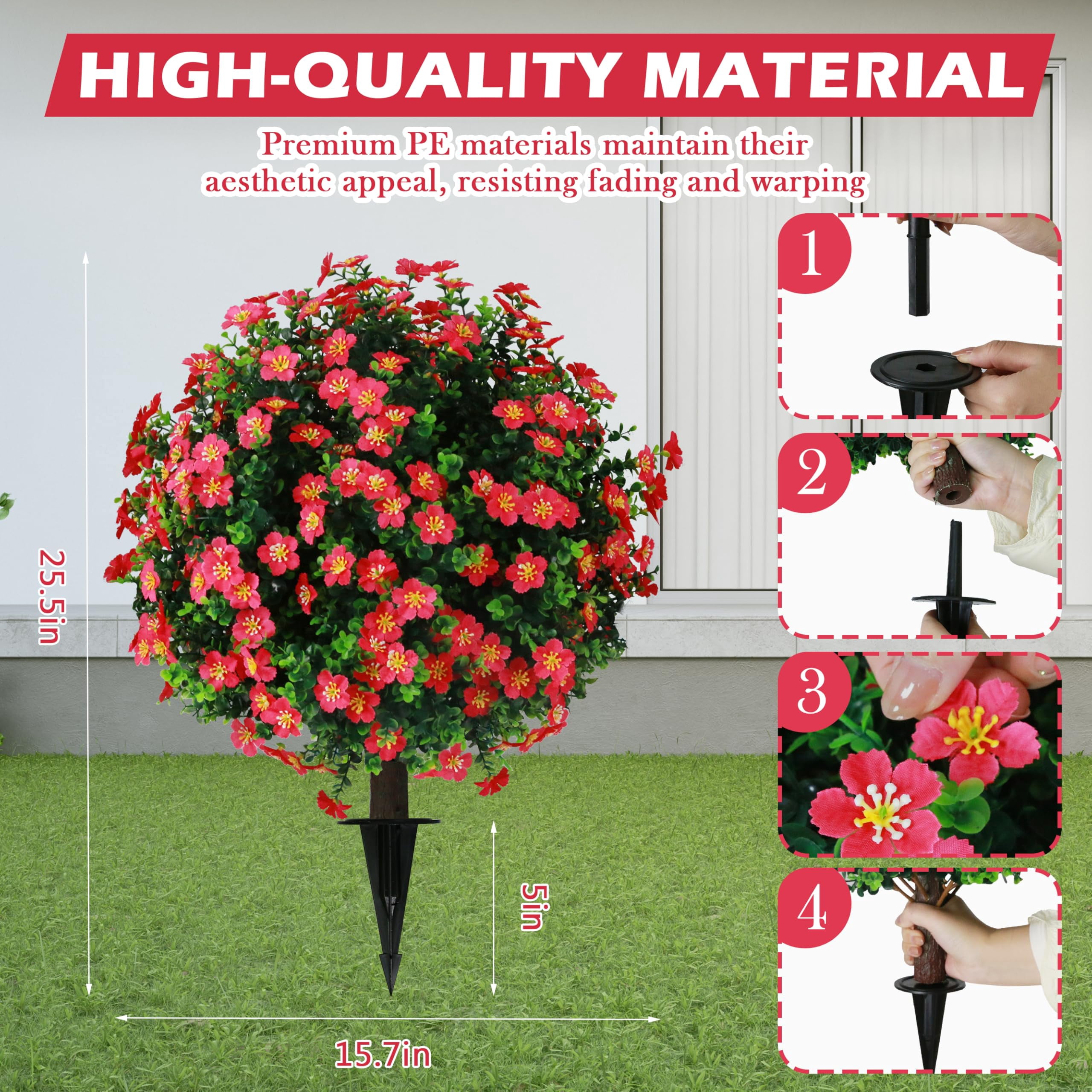 Bibana Set of 2 Artificial Boxwood Topiary Ball Trees with Red Flower, Faux Shrub Bushes with Ground Spike 25.5", UV Resistant Fake Boxwood Plants for Indoor, Garden, Porch, Patio Decor