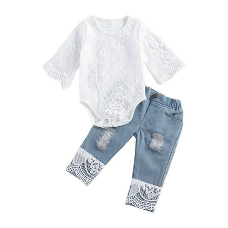 

Newborn Baby Girls Fall Clothes Suit Long Sleeve Lace Romper Lace Floral Tops Hole Long Jeans 2Pcs Denim Outfits Set