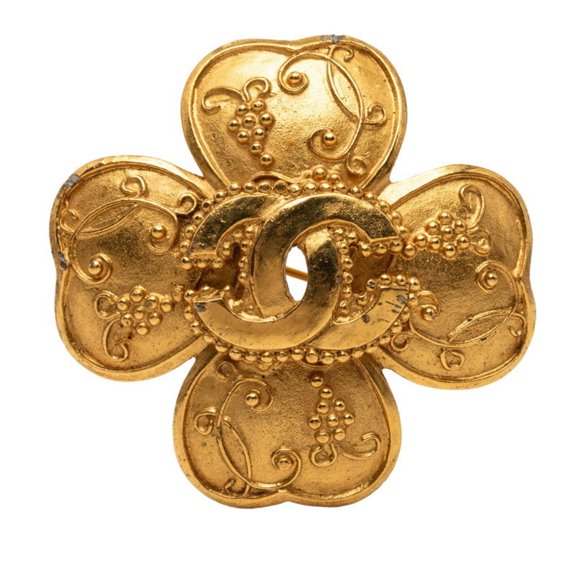 Pre-Owned Chanel Coco Mark Clover Motif Vintage Brooch, 96A Stamp, Gold Plated, Women's CHANEL
