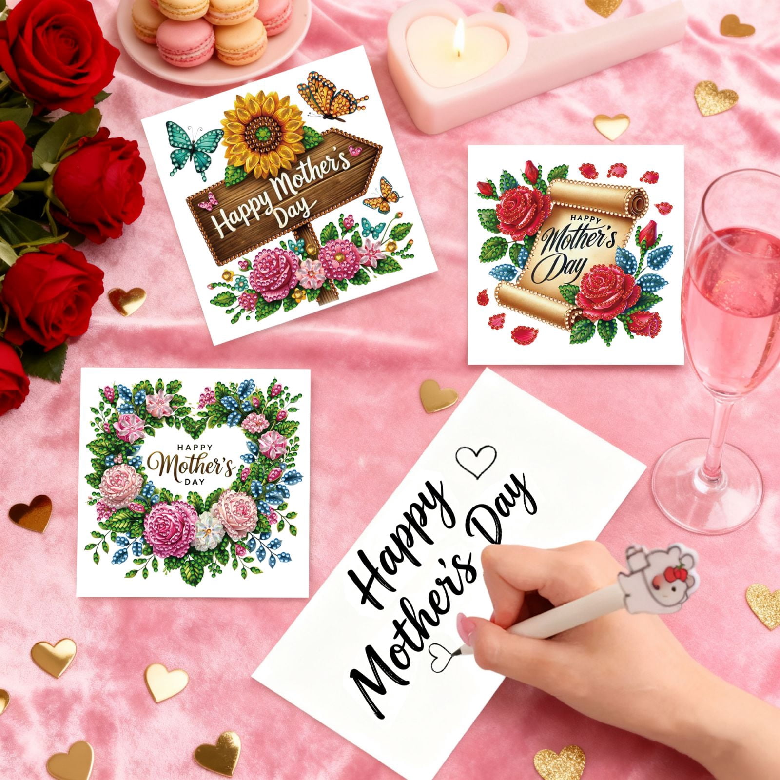 FLOPESN DIY Mother's Day Diamond Art Greeting Card Kit with White Envelope, 5.91X11.81in Flowers Theme, Creative Design Blessing Gift Folding Card Set