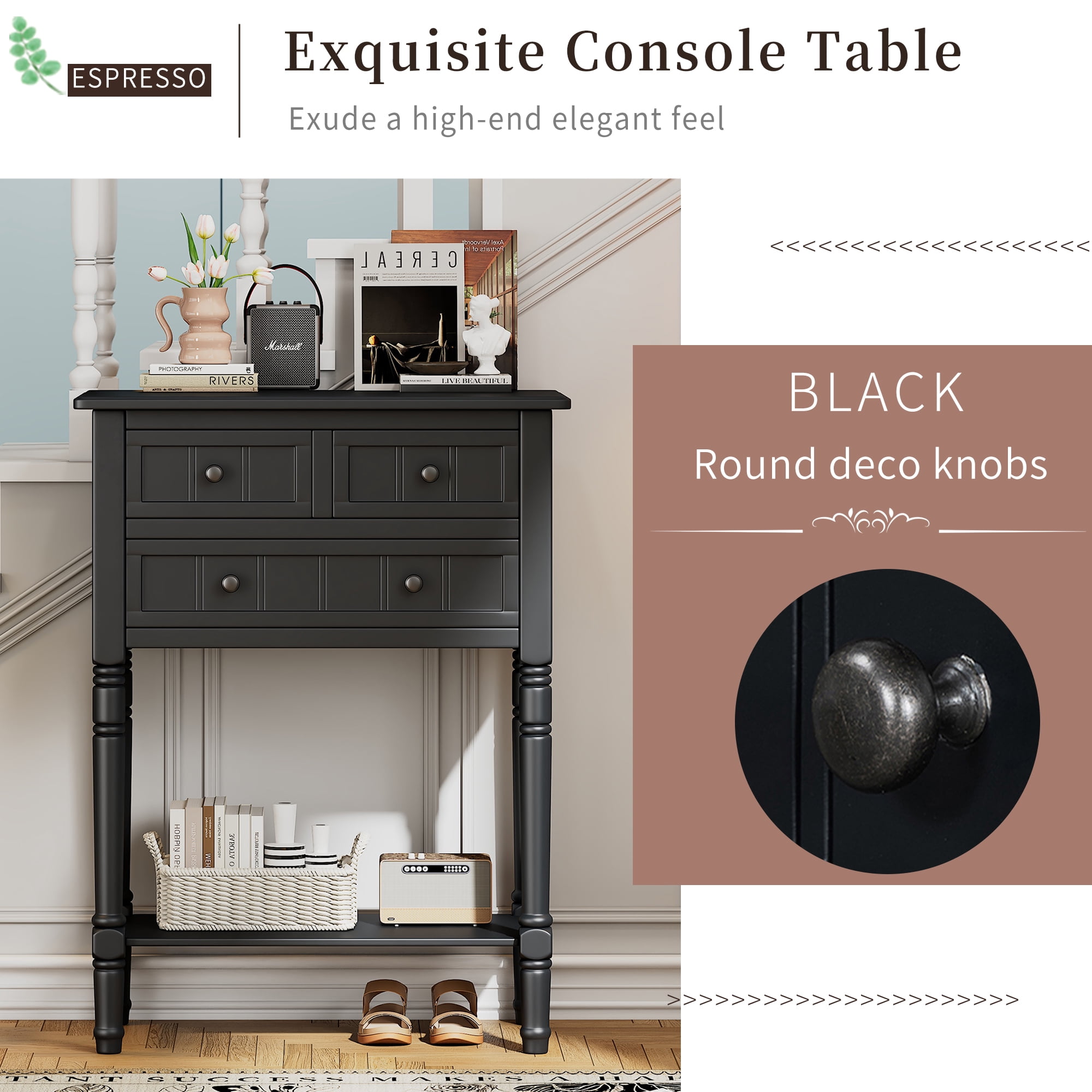 Harper & Bright Designs Narrow Console Table with Storage Drawers and Bottom Shelf for Entryway Living Room, Retro Console Table for Small Space, Black