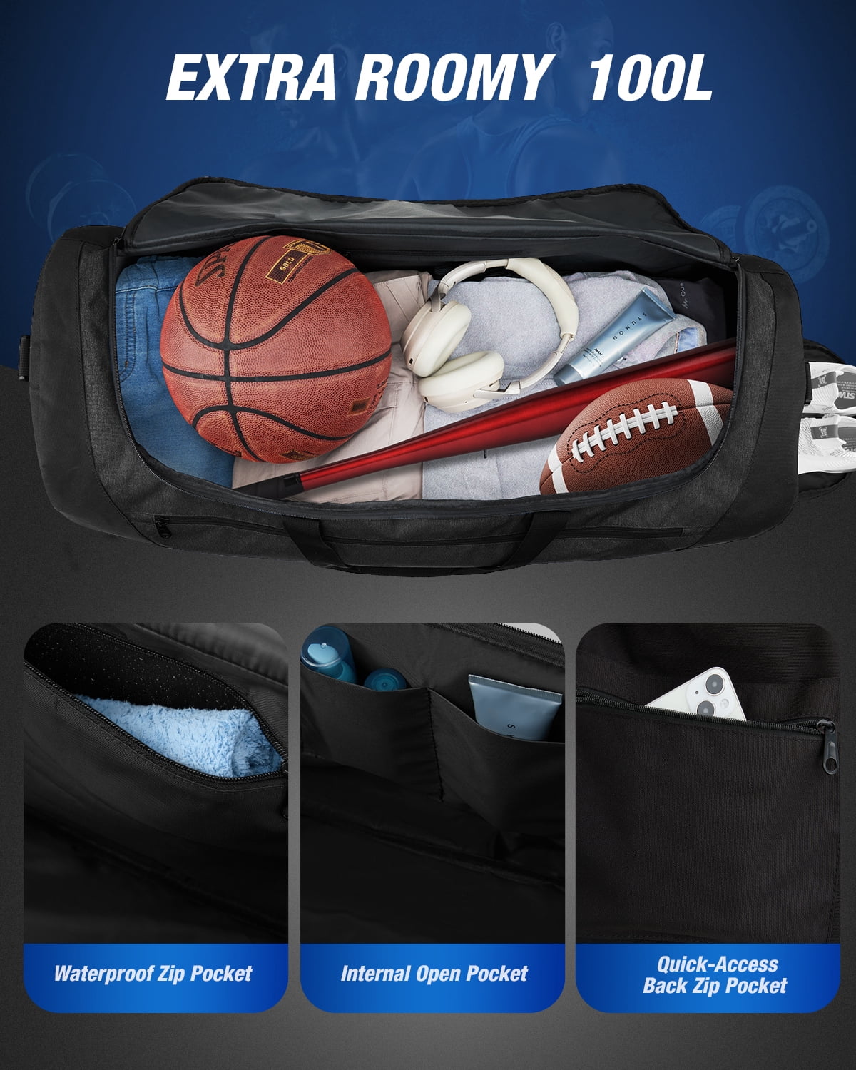 Gonex 100L Gym Bag for Men Women, Water-Resistant Extra Large Sports Duffel Bag with Shoe Compartment & Wet Pocket for Fitness, Travel, Weeklong Trips