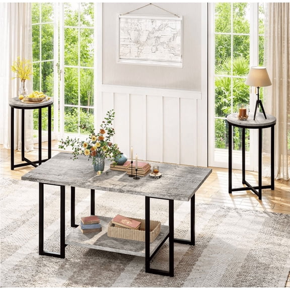 Baxluxe Coffee Table Set of 3, Faux Marble Coffee Table with 2 Round End Side Tables, Modern Living Room Table Set with Metal Frame for Apartment Home Office Small Place, Gray