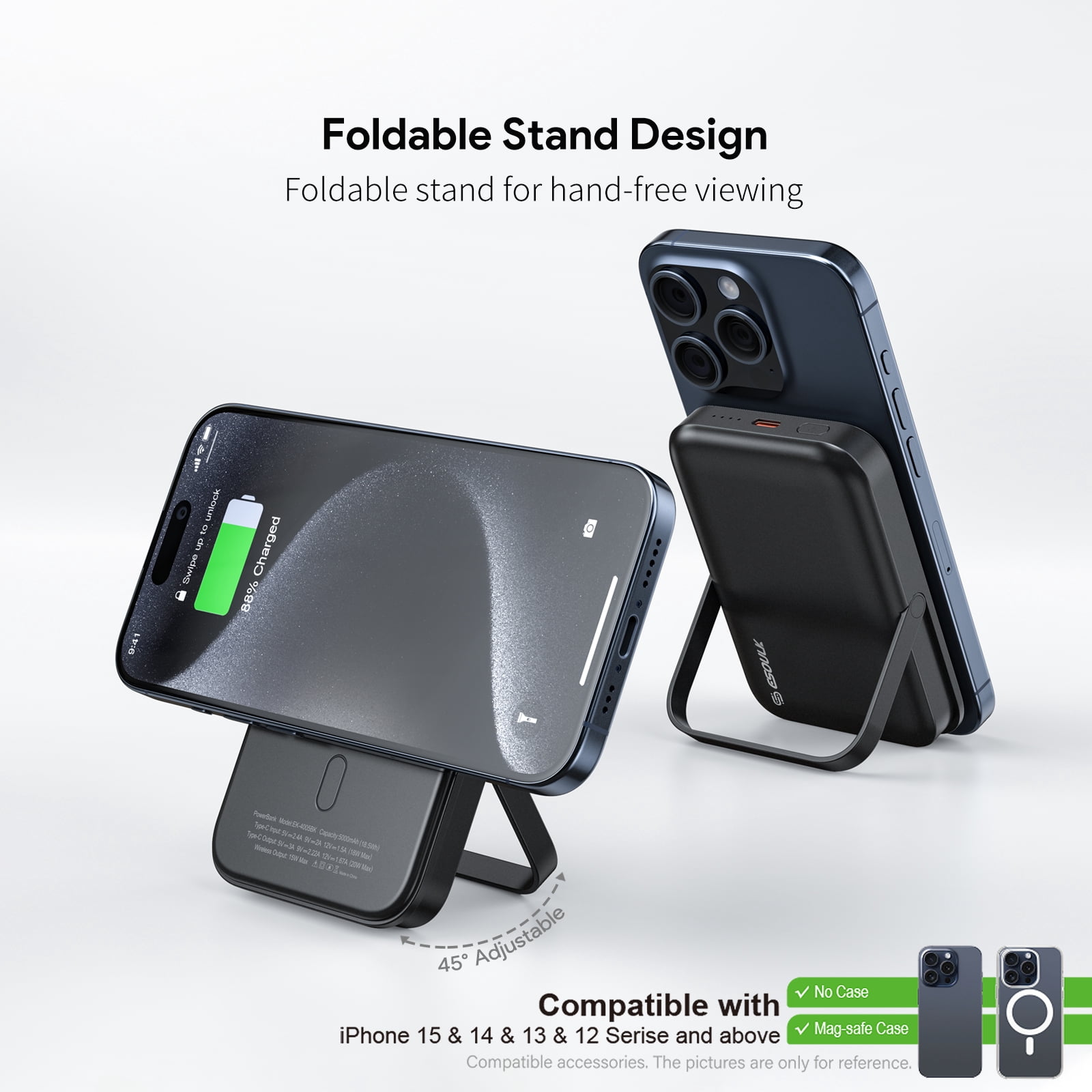 MagSafe Compatible 5000mAh Magnetic Wireless Power Bank with Kickstand - Black