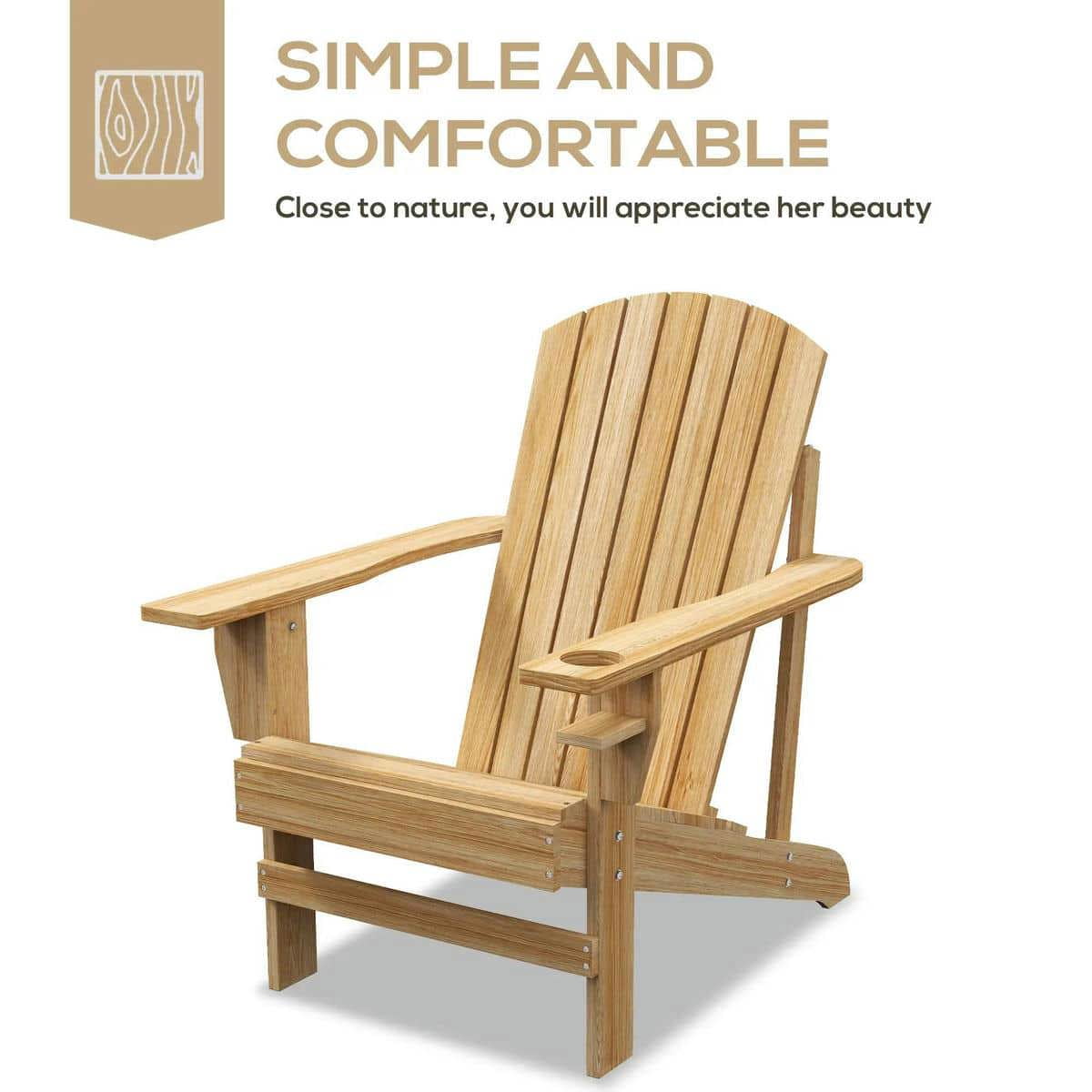 Yardi Yarda Oversized Adirondack Chair, Outdoor Porch Seating, Classic Log Lounge with Built-in Cupholder, Natural