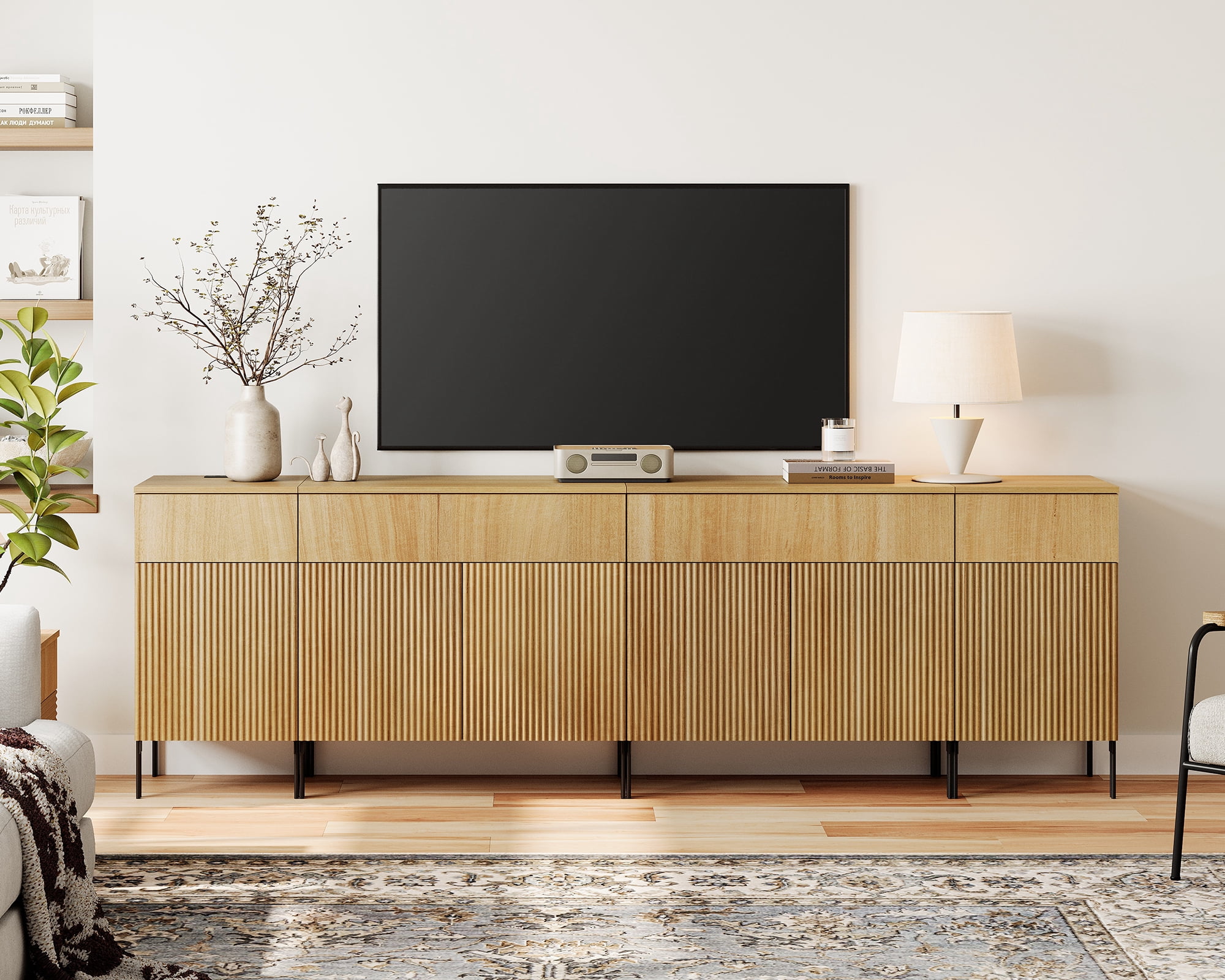 94.5" Modern Reeded Dresser TV Stand for TVs up to 100 Inch, Entertainment Center with Charging Station, Wooden TV Console with Storage for Living Room