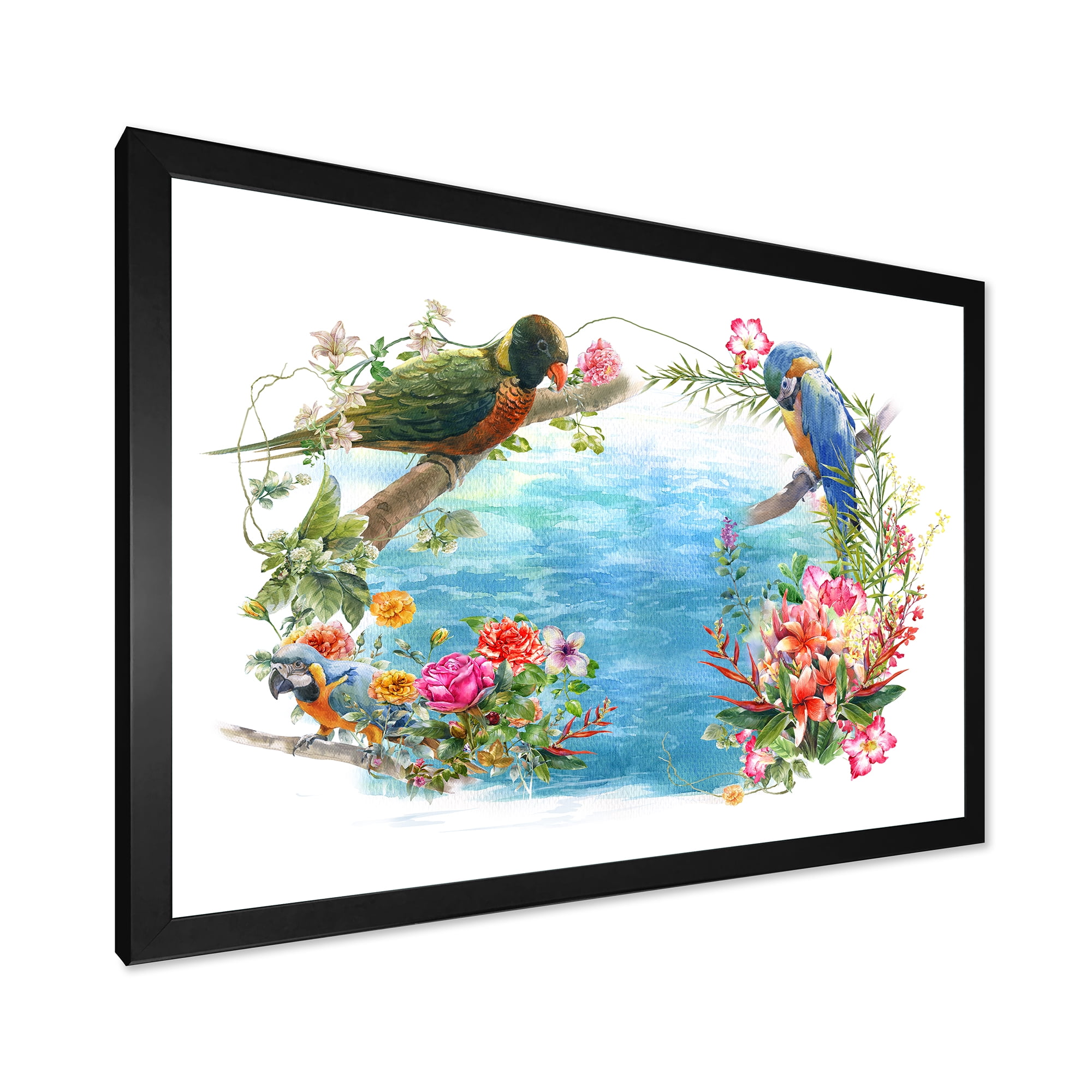Designart 'Parrots and Flowers By The Blue Waterside' Traditional Framed Art Print
