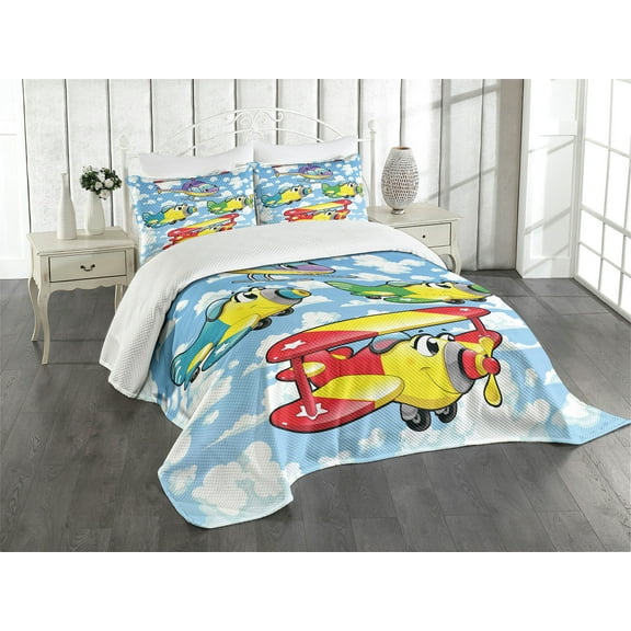 Ambesonne Cartoon Quilted Bedspread Set 3 Pcs, Airplanes Sky, King Size, Multicolor