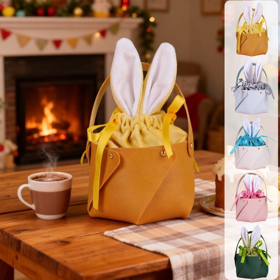 Moocorvic Easter Basket Bunny Ear Hand Bucket, Leather Party Decoration Gift Bag for Egg Hunt & Festive Gifts,Yellow