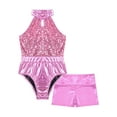 thumbnail image 5 of TiaoBug Kids Girls Shiny Sequins Dance Costume Halter Neck Leotard Metallic High Waist Shorts 2Pcs Sets Hip Hop Jazz Dancewear Pink 6, 5 of 7