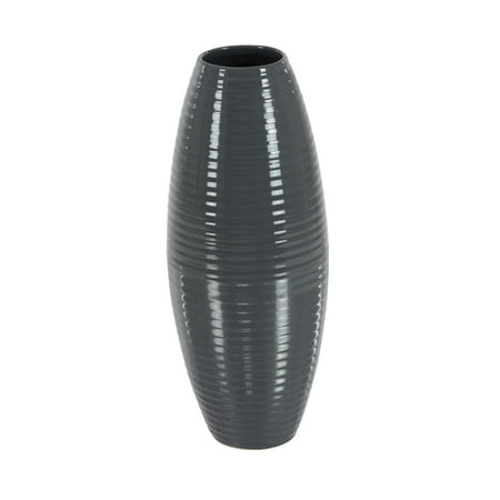 Ribbed Ceramic - Decmode Contemporary 18 Inch Glazed Dark Gray Ribbed Design Barrel-Shaped Ceramic Vase