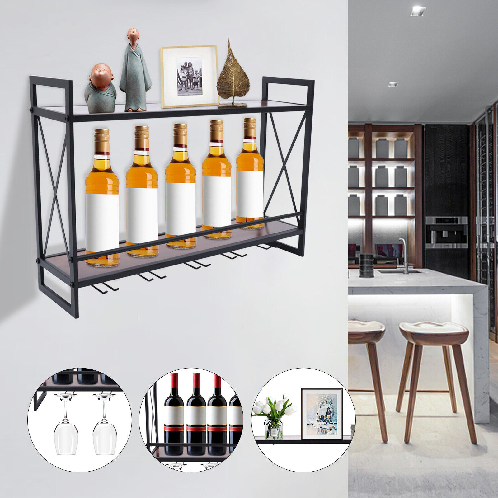 CNCEST 2 Tiers Wall Mount Wine Rack with Glass Holder &Storage Shelf