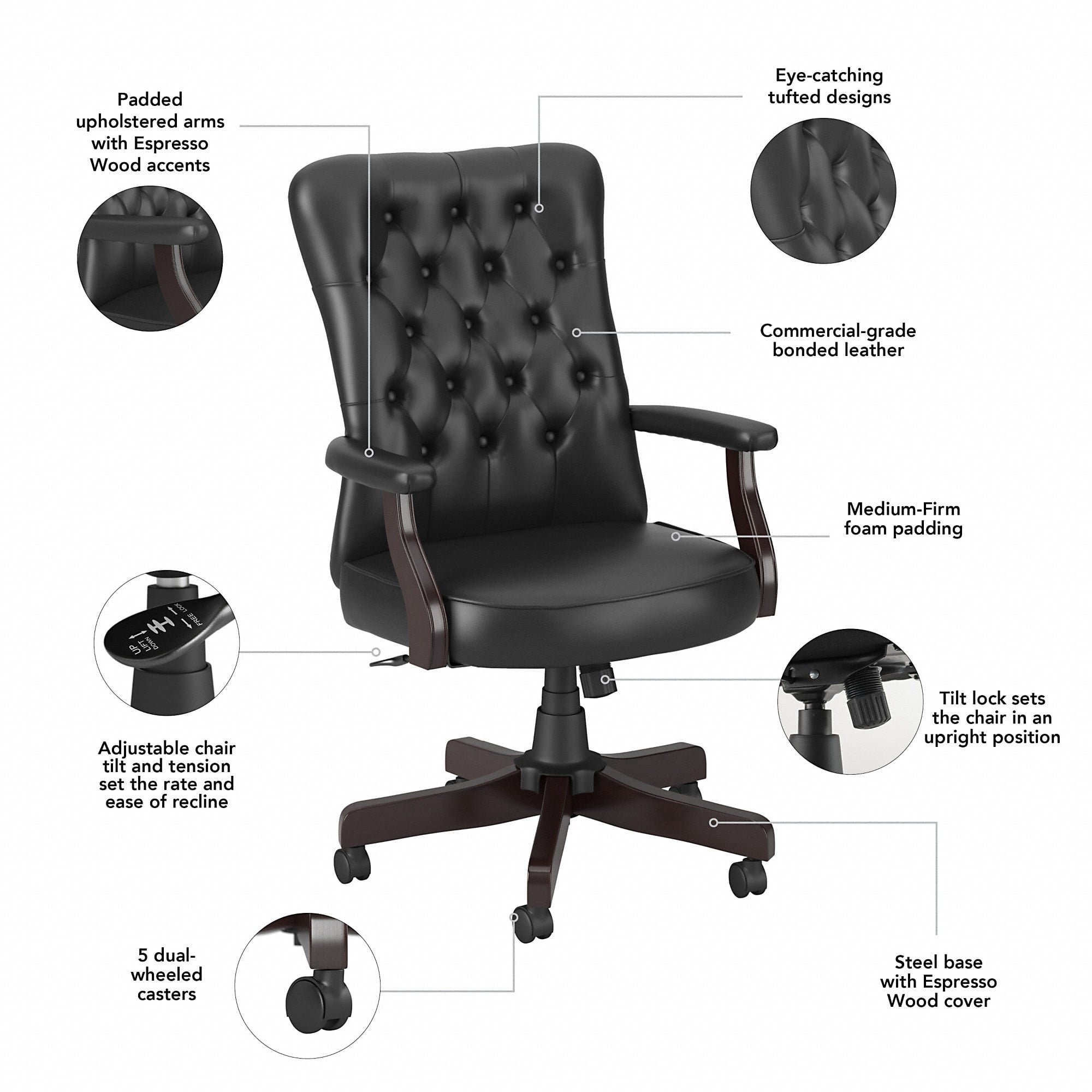 Bush Furniture Key West High Back Tufted Office Chair, Black Leather