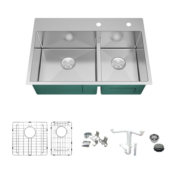 Transolid KKM-DTDO332210-FR2 Diamond 33-in L x 22-in W 60/40 Double Bowl Dual-Mount Kitchen Sink and Accessories Kit with 2 Pre-Drilled Holes in Stainless Steel