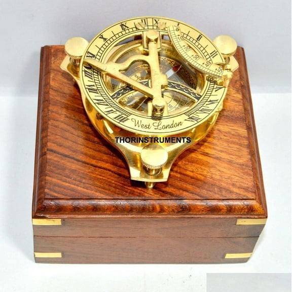 ANTIQUE BRASS SUNDIAL COMPASS WEST LONDON NAUTICAL ITEM WITH WOOD BOX FREE