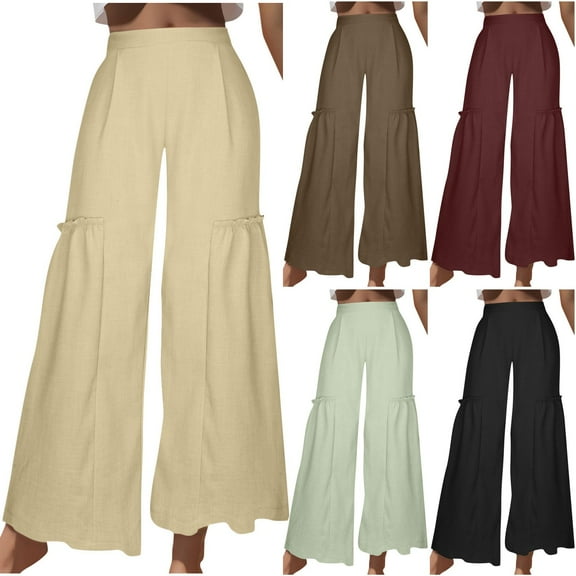 Clearance Under 10$!Casual Sweatpants for Womens Plus Size Fsahion Summer Casual Solid Color Pockets Cotton And Linen Elastic High Waisted Pants Long Pants Wide Leg Pants