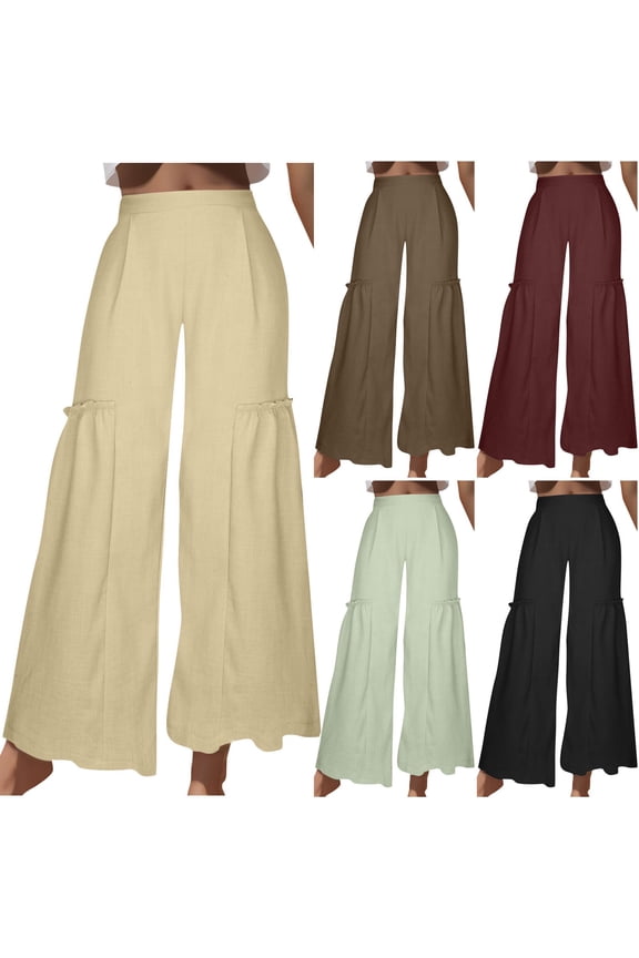Summer Pants for Women Oversized Casual Loose Wide Leg Dress Pants Elastic Stretch High Rise Beach Pants Solid Flowy Smocked Ruffled Trousers Tiktok Trend Items Clubs Multi-Color