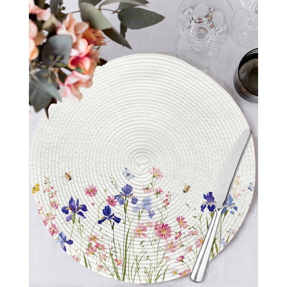 15 Inch Round Placemats Set of 6, Spring Floral Non Slip Heat Insulation PP Table Mats, Watercolor Summer Botanical Flowers Washable Place Mats for Kitchen Dining Party Table Decor