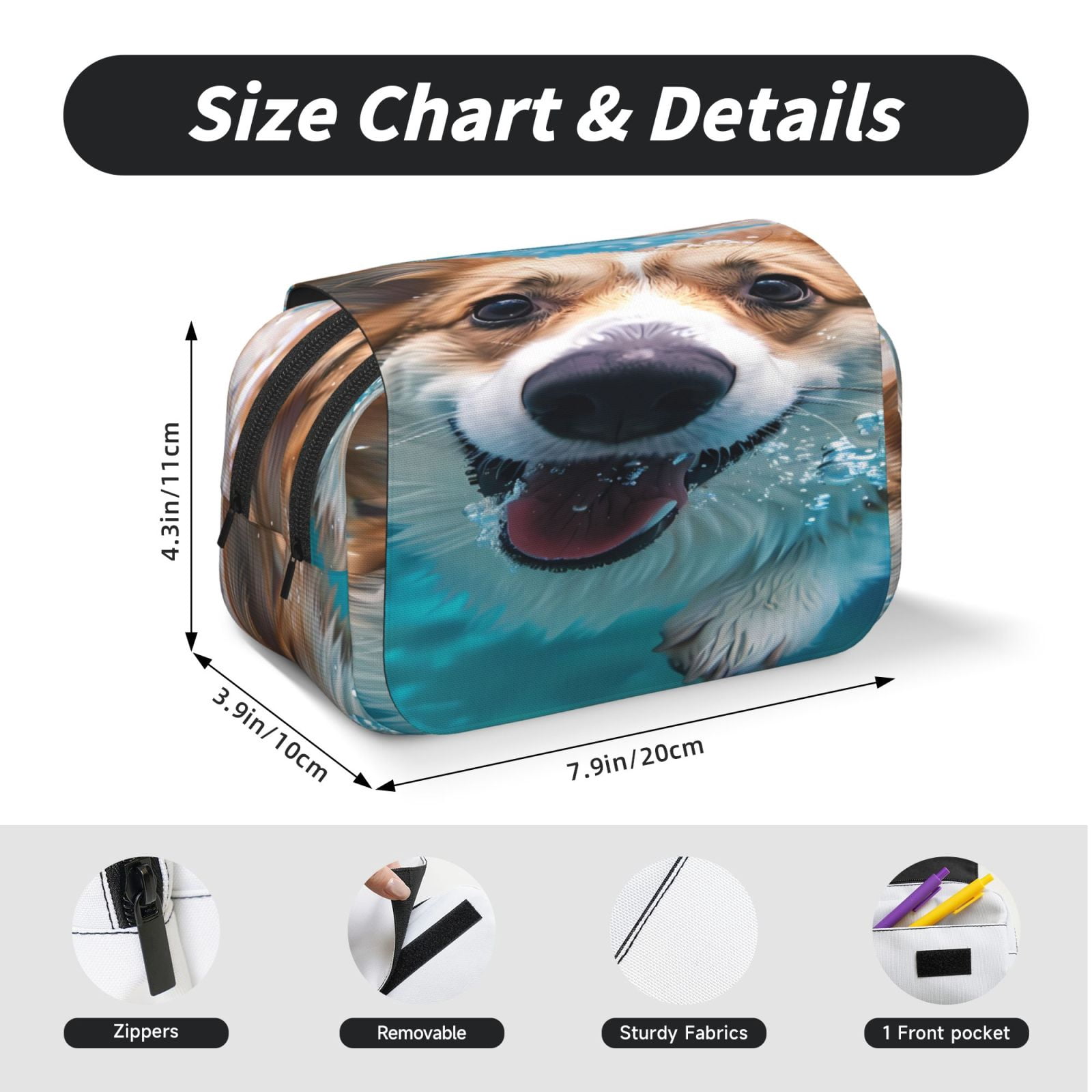 Rateoe Sea Swimming Corgi Pattern Double Clamshell Pen Case, Storage Organizer with Two Zipper Compartments– Holds Up to 50 Pencils & Pens