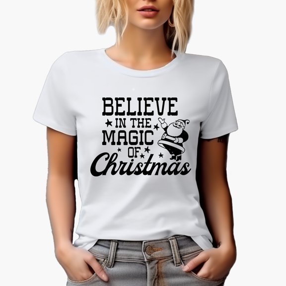 Believe in the Magic of Christmas with Santa Art Merch Gift, White T-Shirt, Small