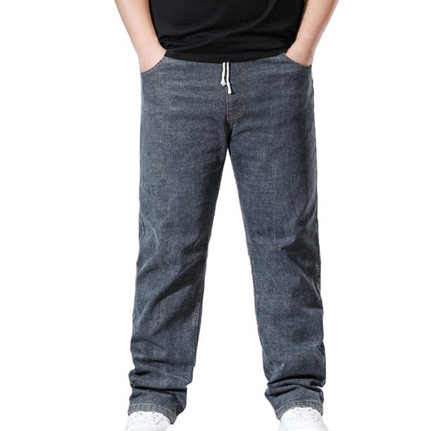 Pantalones de Cintura Elástica para Hombre Color Sólido Negocios Jeans de Denim Casual con Bolsillos, Pantalones de Ajuste Suelto Recto, Poliéster Spandex