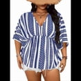 thumbnail image 1 of Camiseta de Verano Holgada de Corta con Cuello en V y Rayas para Mujer, Talla Grande, para Vacaciones Azul XL, 1 of 10