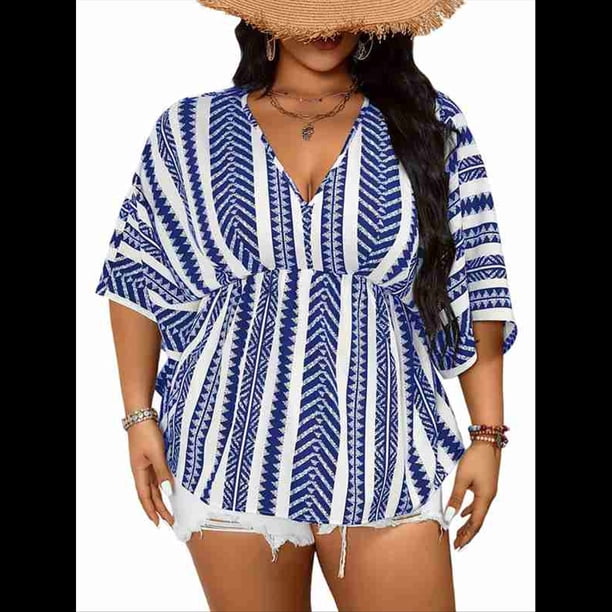 Camiseta de Verano Holgada de Corta con Cuello en V y Rayas para Mujer, Talla Grande, para Vacaciones Azul 4XL
