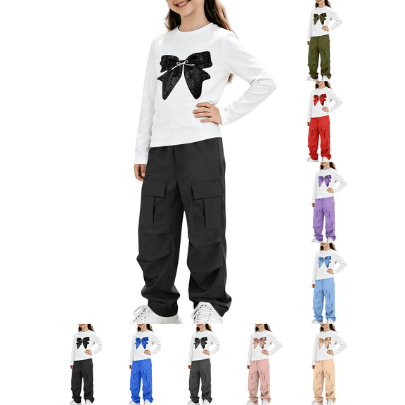 Girls Outfit Sets Nelozsy Girls Bow Print Long Sleeve Top Cargo Flare Pants 2Pcs Casual Outfit Set Black 14-15 Years
