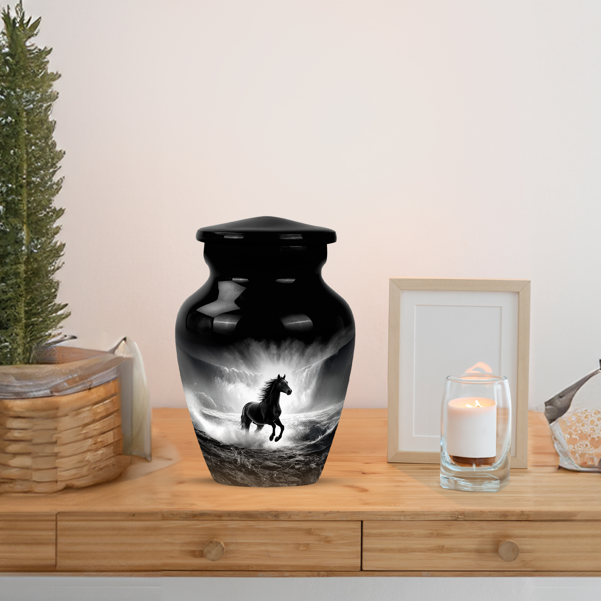 MUKTIVE Waterfall Tiny Cremation Urns for Adult Male, Mini Black Burial Urn for Ashes for Women, Keepsake Horse Memorial Decorative Funeral Ash Urns for Human, 3 Inch