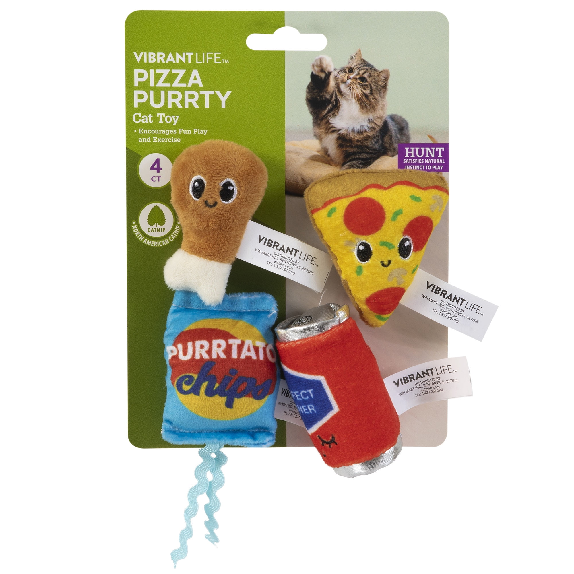 Vibrant Life Pizza Purty Plush Catnip Filled Cat Toys for Cats and Kittens, 4 pack
