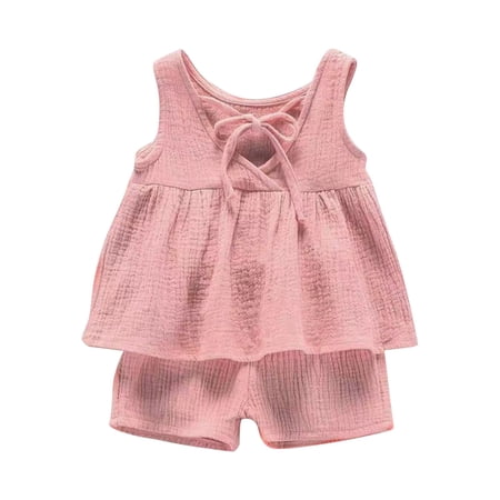 Ruyang Baby Girls Cotton Linen 2 Piece Set Sleeveless Blouse + Elastic Waist Shorts Breathable Summer Outfit Trendy Loungewear
