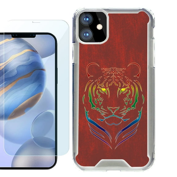 For Apple iPhone 12 Case, iPhone 12 Pro Case, Hybrid Bumper Phone case, with Tempered Glass Screen Protector, by OneToughShield ® - Night Tiger