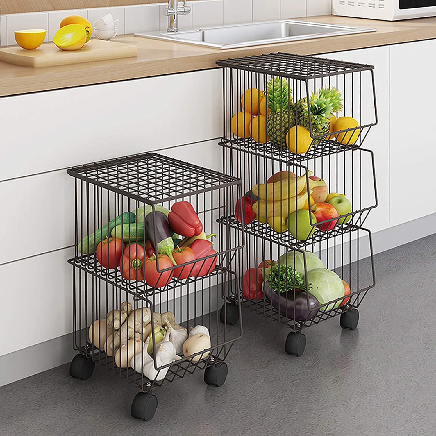 Metal Wire Stackable Kitchen Trolley Fruit Vegetable Holder Storage Basket Rack 