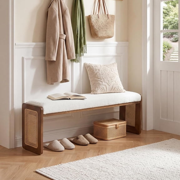 Tribesigns Shoe Bench with Cushion, Solid Wood Bench for Entryway、Hallway, Narrow Rustic Bench with Cushioning Footpads, Elegant Wicker Design