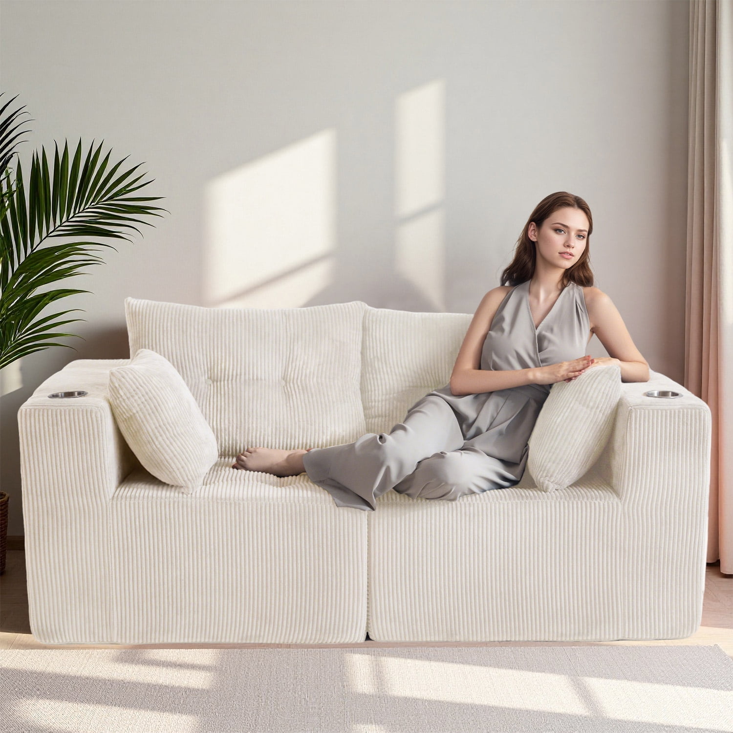 BYBYME 73"Oversized Loveseat Couch,2 Seat Sectional Corduroy Tufted Sofa,Upholstered Symmetrical Cloud Couch with Double Chaise,Wrap Around Sofa for Living Room Apartment Office,Sofa in A Box,Beige
