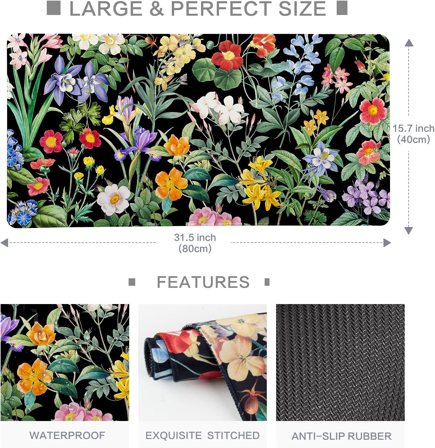 Black Flower Desk Mat Floral Plants Mouse Pad, Wildflowers Large Gaming Mousepad Desk Pad, XXL Keyboard MouseMat Full Desktop Mat Women Office Accessories 31.5"x15.7"
