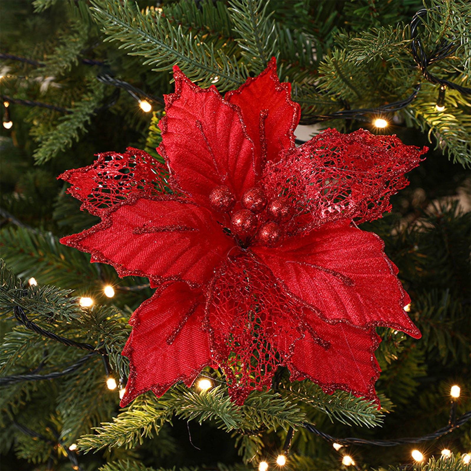Christmas Magnolia Flowers, Christmas Tree Decorations, Glitter Magnolia Stems for Holiday Wreaths and Gifts, Red White Pink Silver Cloth Floral Arrangements