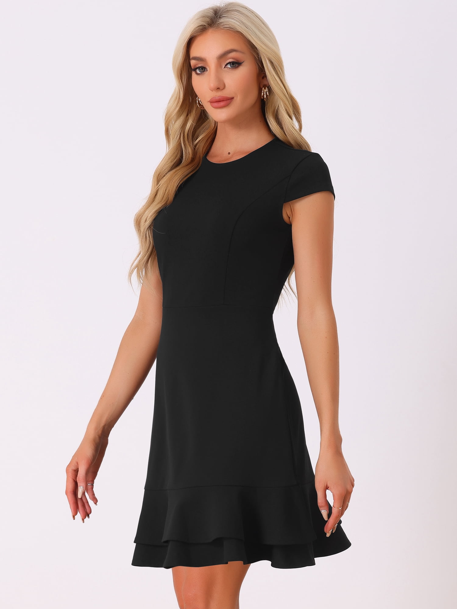 DARING DIVA Cap Sleeves Round Neck Tiered Ruffled Hem Dress L Black