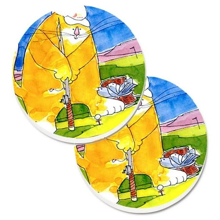 Big Cat golfing with a fishing pole Set of 2 Cup Holder Car Coaster 