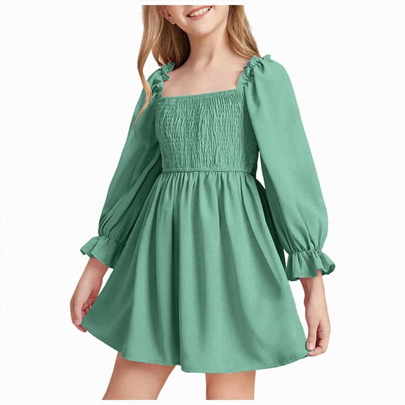mgoYE Girl Dresses size 7-8 Little Girls Kids Summer Ruffle Mini Dress Square Neck Lantern Sleeve Short Dress Tulle Smocked(Green,6-7 Years)