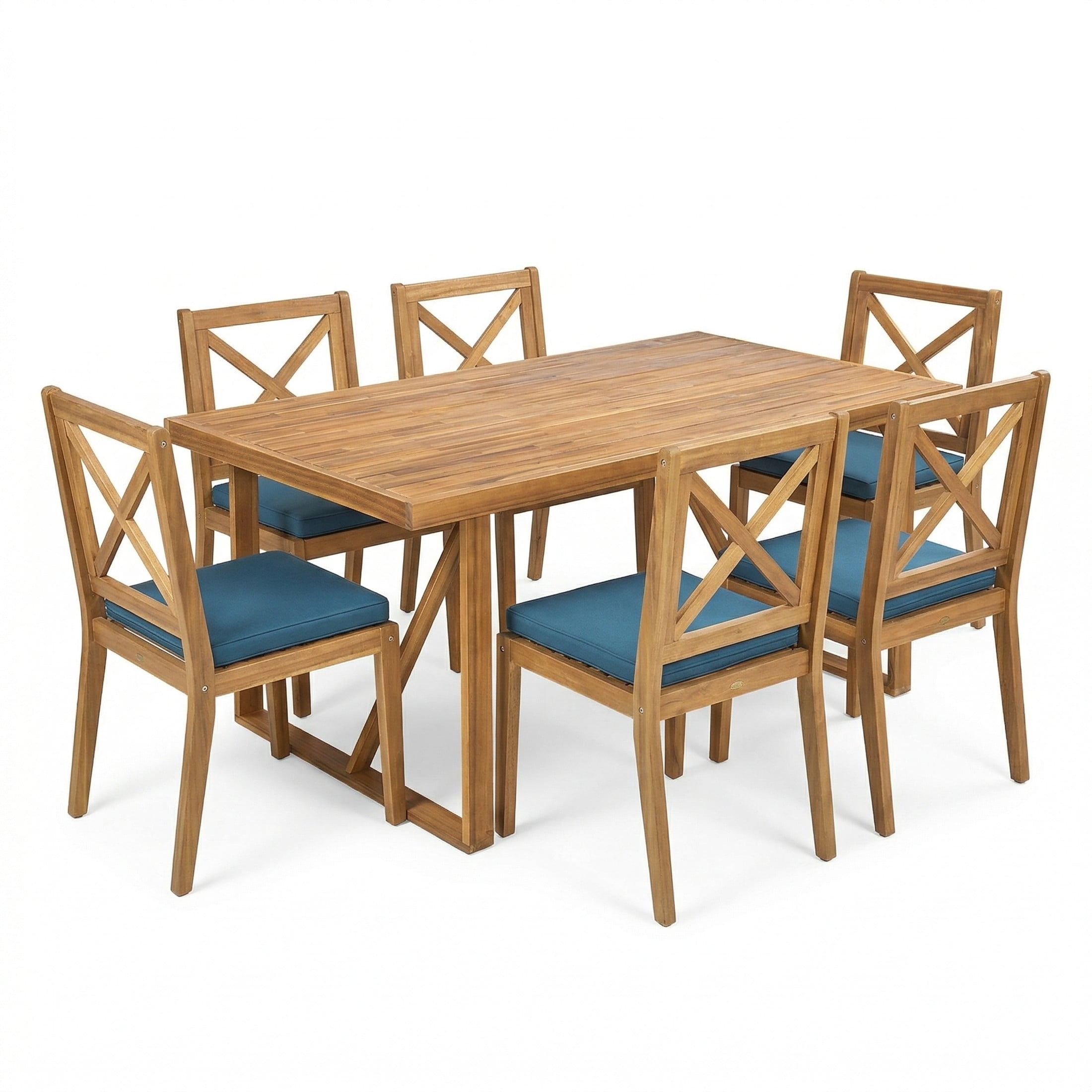 Christopher Knight Home 7-Piece Outdoor Acacia Wood Dining Set with Cushions for Garden, Teak+Blue