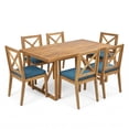 thumbnail image 3 of Christopher Knight Home 7-Piece Outdoor Acacia Wood Dining Set with Cushions for Garden, Teak+Blue, 3 of 16