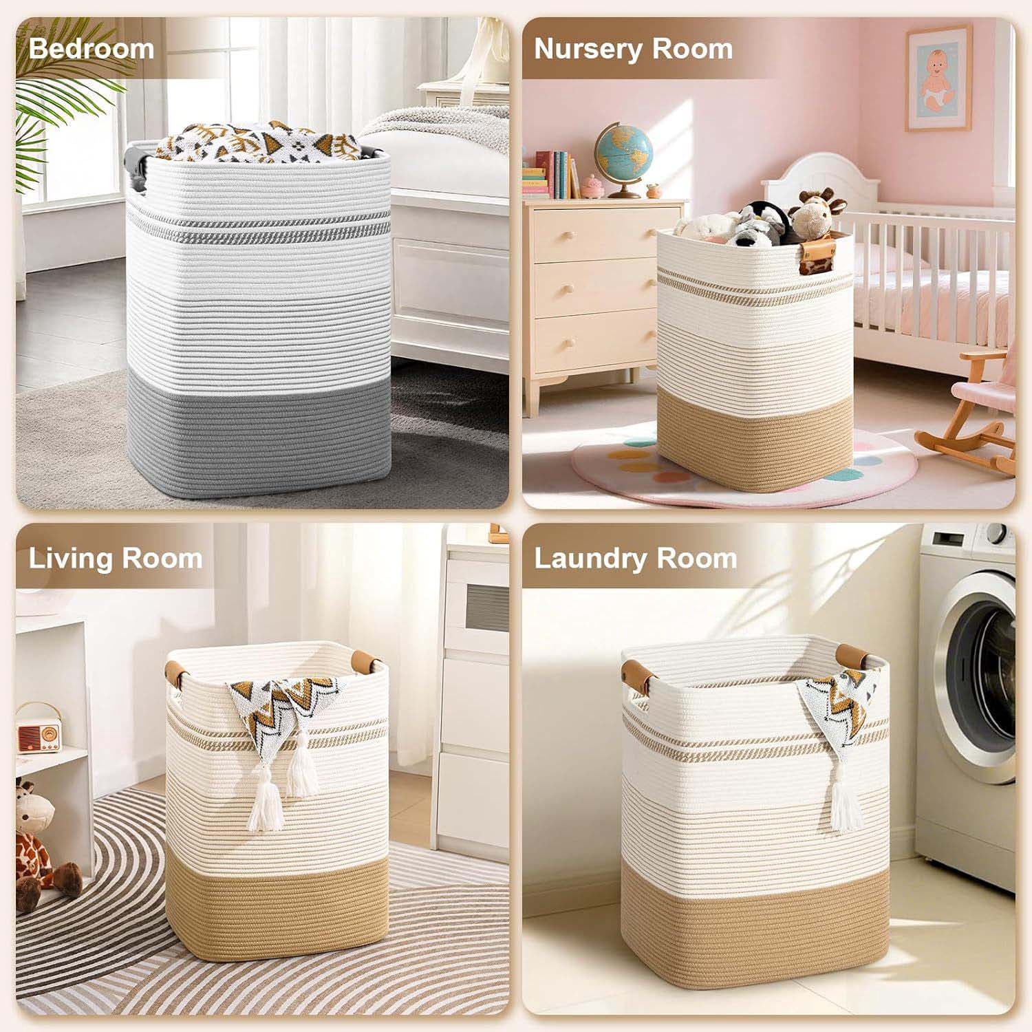 88L Tall Large  Laundry Basket with Leather Handles, ,Collapsible Laundry Hamper,Woven Laundry Baskets and Storage Hampers for Decorative Storage of Dirty Clothes, Toys, and Blankets