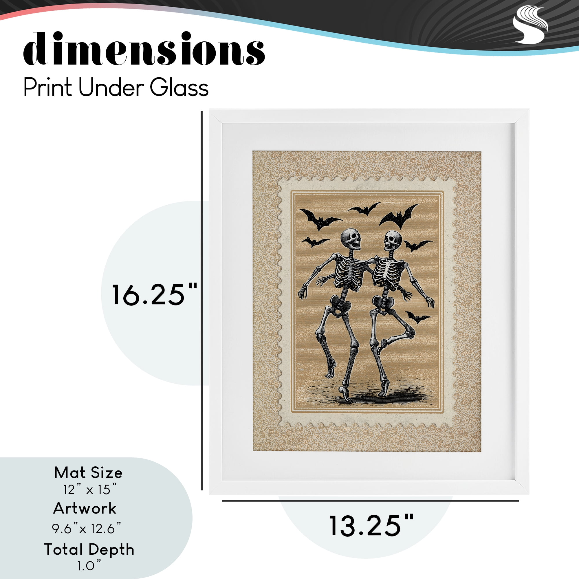 Vintage Dancing Skeletons Stamp White Framed Print Under Glass, design by Arlington Prints