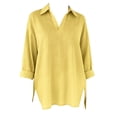 thumbnail image 3 of Women's Plus Size 3/4 Sleeve V-Neck Top, Elegant Lapel Casual Blouse with Side Slit, Loose Fit Tunic for Office Work, Everyday Wear and Casual Outfits Yellow M, 3 of 4