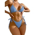 thumbnail image 1 of Traje de baño para mujer, 2 piezas, cuello halter, lazo lateral, color puro, traje de baño, traje de baño, bikini azul S, 1 of 6