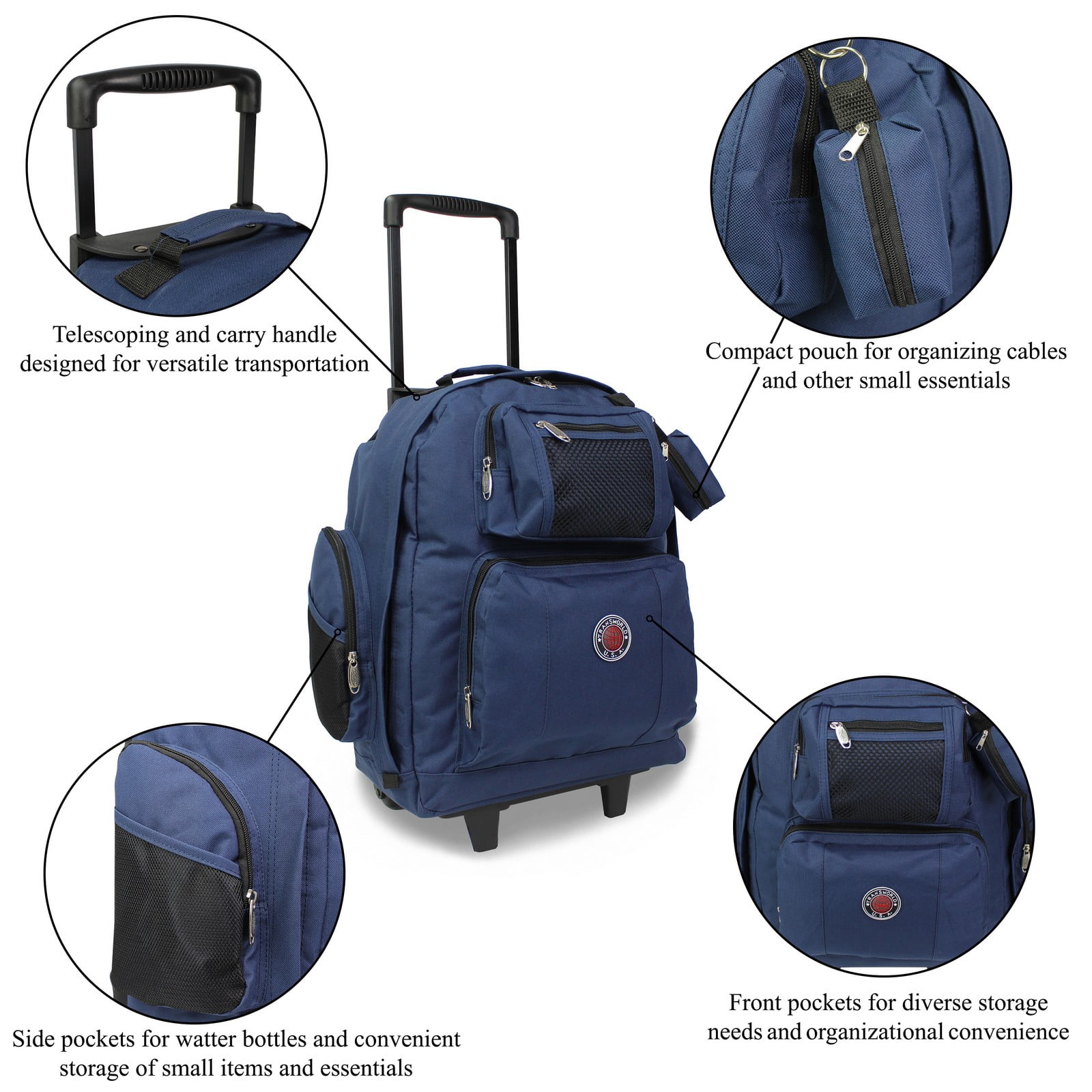 World Traveler Transworld 22-Inch Carry-On Rolling Backpack Airline Approved Size - Navy