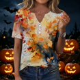 thumbnail image 2 of Minjewel Womens T Shirts Casual V Neck Short Sleeve - Fall Leaves Print Button Detail, T Shirts for Women Seasonal Graphic Tee, Summer Tops for Women for Autumn,Yellow 2XL, 2 of 6